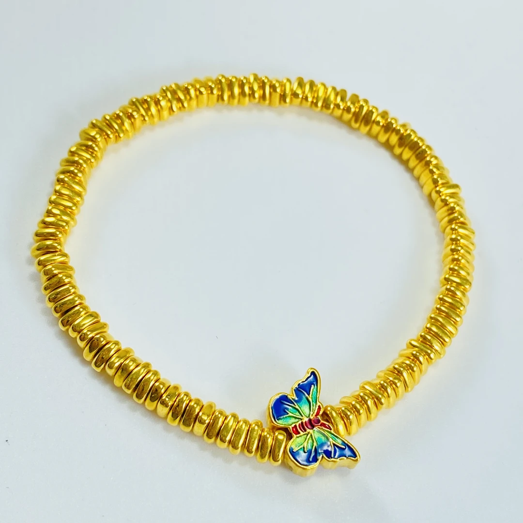 足金999 非遗珐琅蝴蝶【盘缠金】手串亮面三角碎金子 S