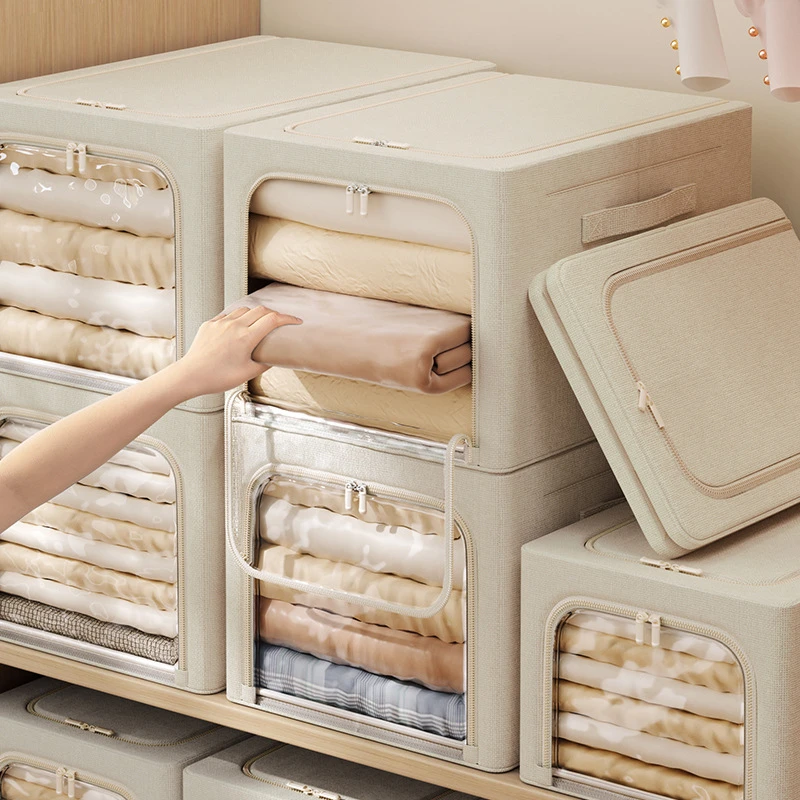 加长款收纳箱天山棉麻衣物整理箱透明窗可折叠布艺加粗钢架百纳箱