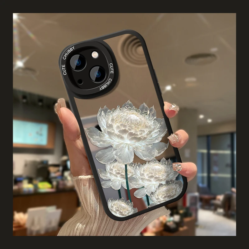 白色莲花镜面挂绳苹果13/12华为vivo/oppo新款iphone14防摔手机壳