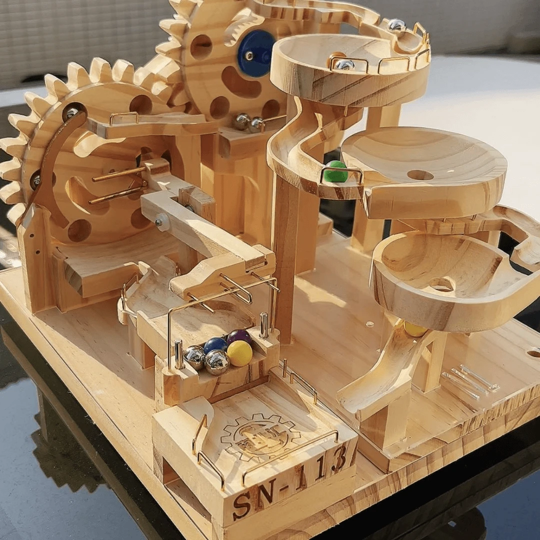 财源滚滚木质弹珠轨道拼装原木质玩具益智电动解压摆件工艺品组合