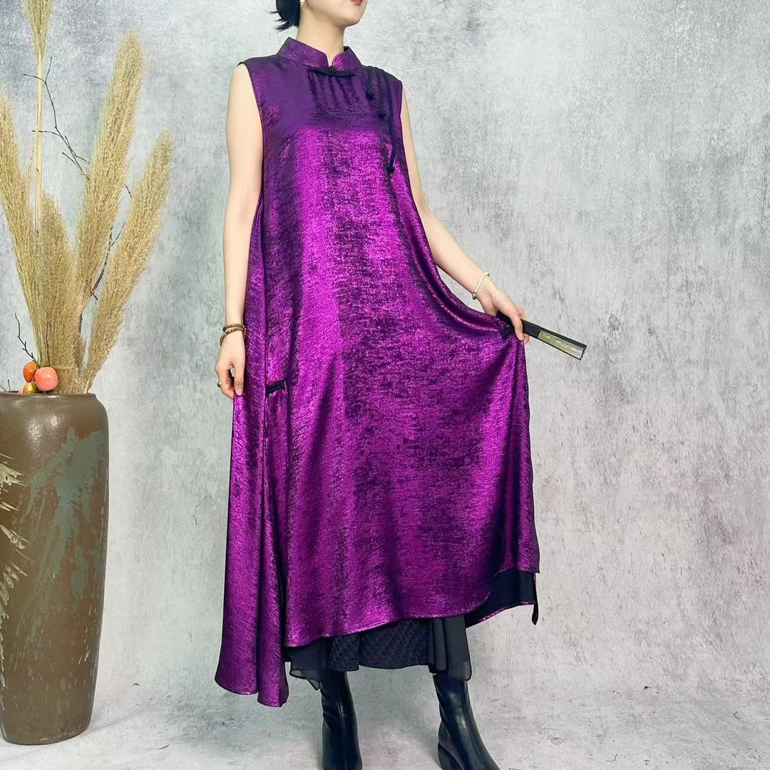 【大海轻奢】L24158新款紫色烫金盘扣拼条设计师款时尚旗袍连衣裙