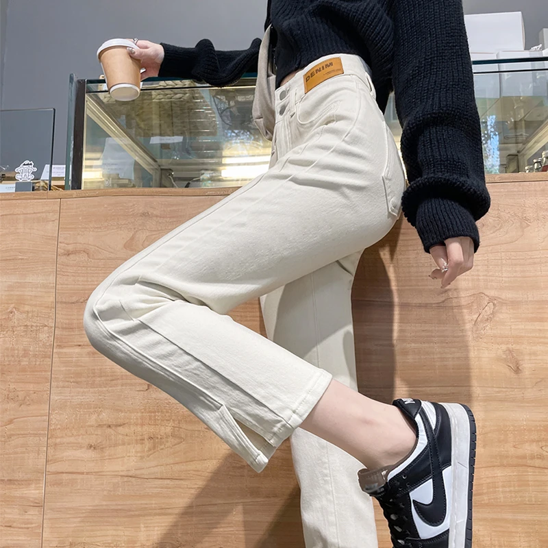白色直筒牛仔裤小个子八分裤女2025夏季新款高腰显瘦开叉烟管裤子