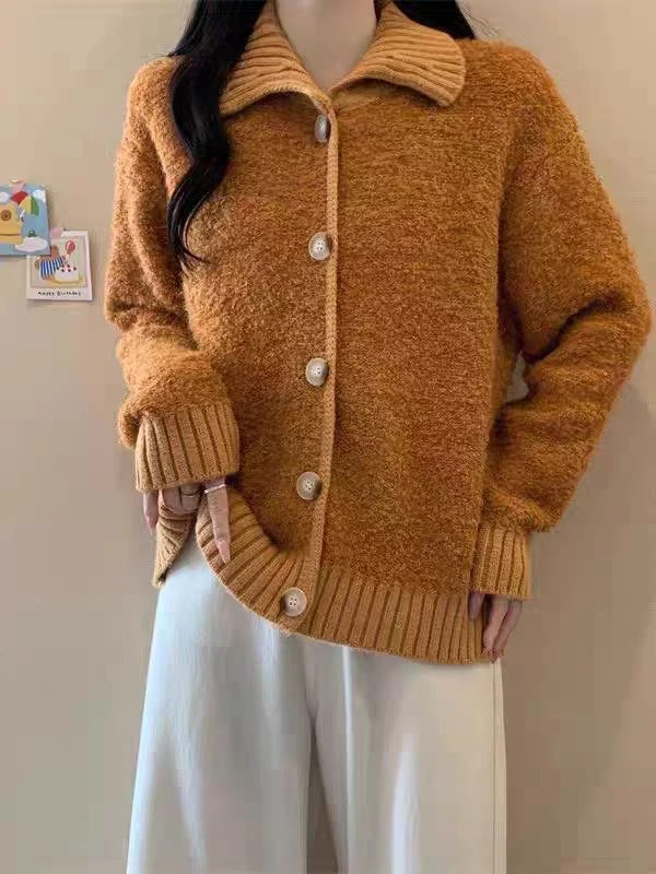 【柒悠】韩系翻领毛衣开衫女外穿宽松软糯加厚针织外套上衣