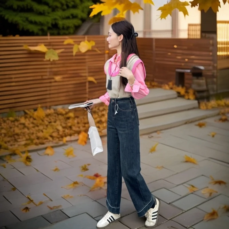 蓝灰色高腰加绒加厚牛仔裤女2024新款显瘦高弹休闲直筒裤#1039#