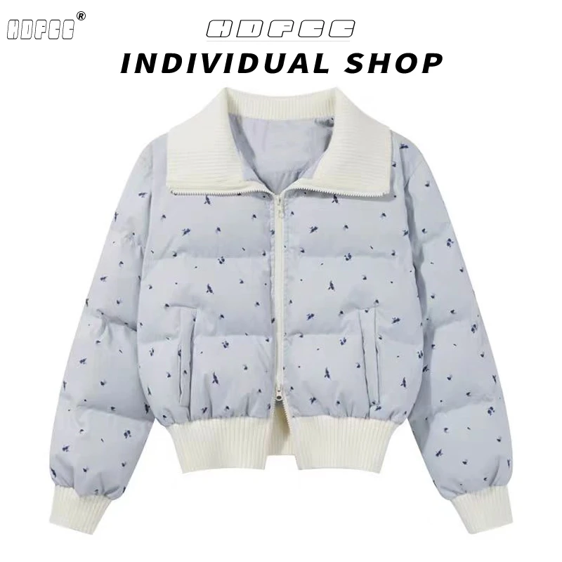 翻领拉链碎花长袖棉服外套女冬季新款韩版加厚保暖百搭面包服棉衣