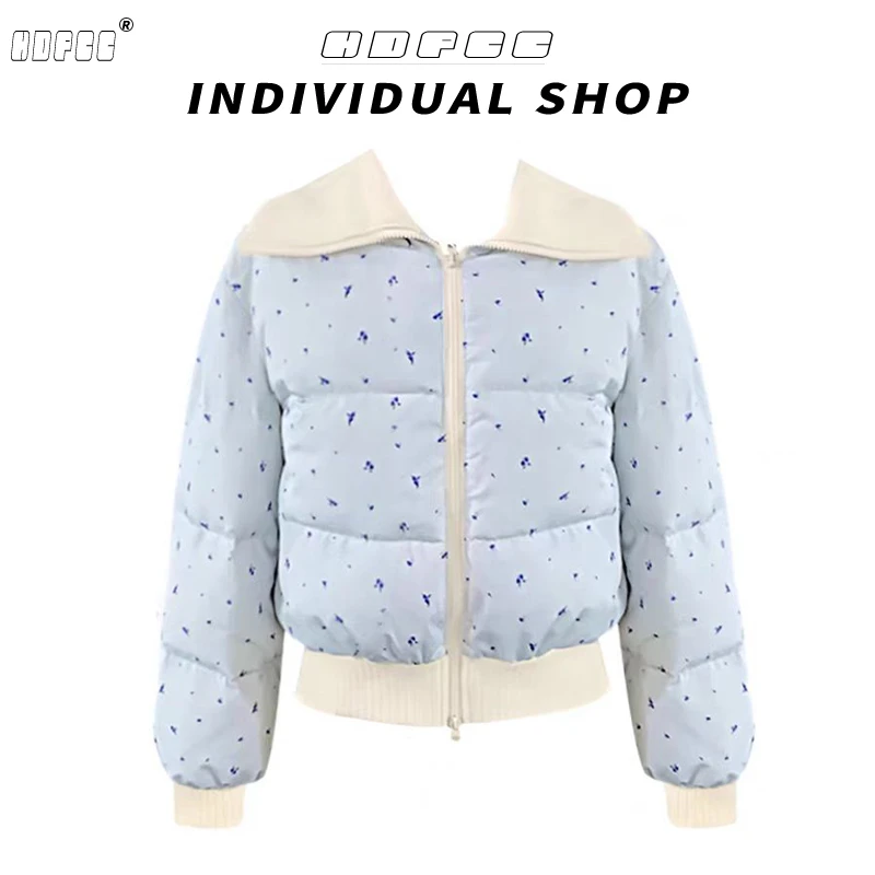 冬季新款韩版甜美碎花翻领棉服外套宽松加厚保暖防寒面包服棉衣女