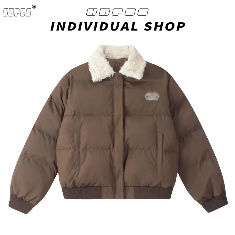 美式毛领短款棉服外套女2024冬季新款复古百搭翻领加厚面包服棉衣