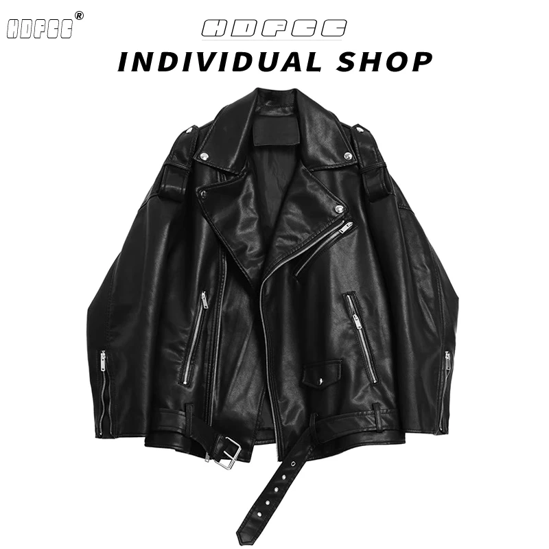 美式复古黑色西装领pu皮衣外套女春秋新款甜酷机车服宽松夹克上衣