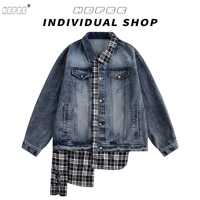 复古格子拼接假两件牛仔外套女春秋季新款美式设计感宽松夹克上衣