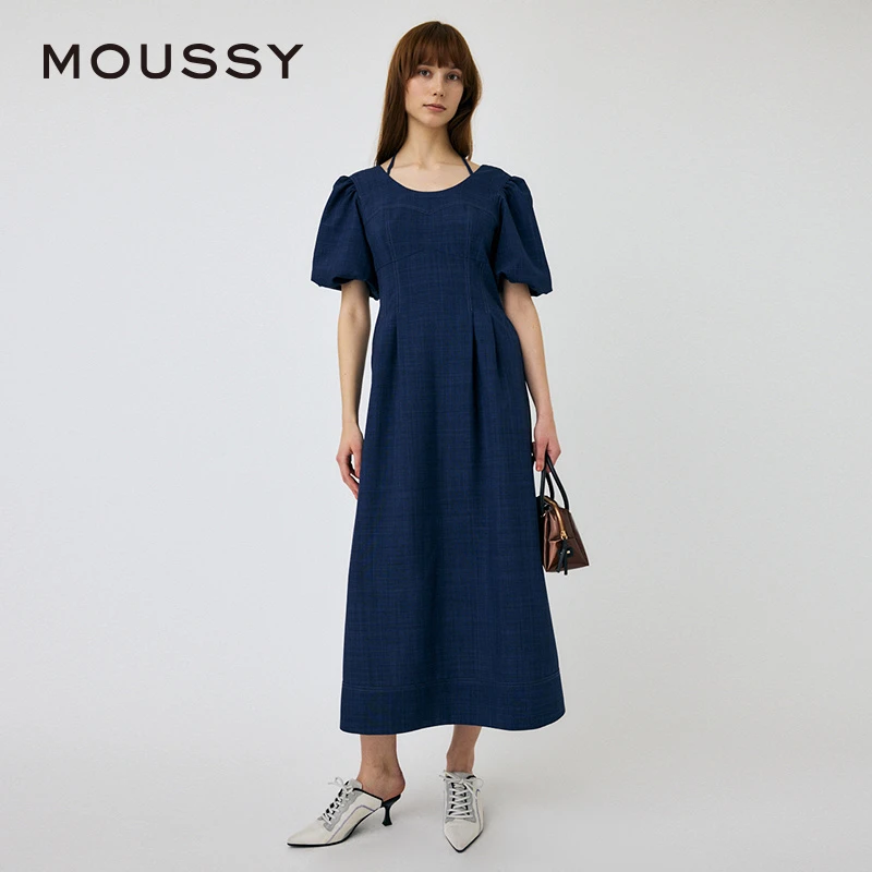 MOUSSY 夏季法式优雅甜美泡泡袖系带连衣裙010HS233-0141