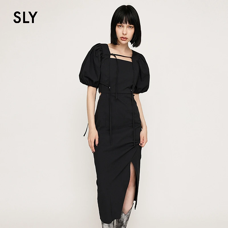 SLY 春季气质优雅泡泡袖两件套开叉连衣裙030HSI33-2041