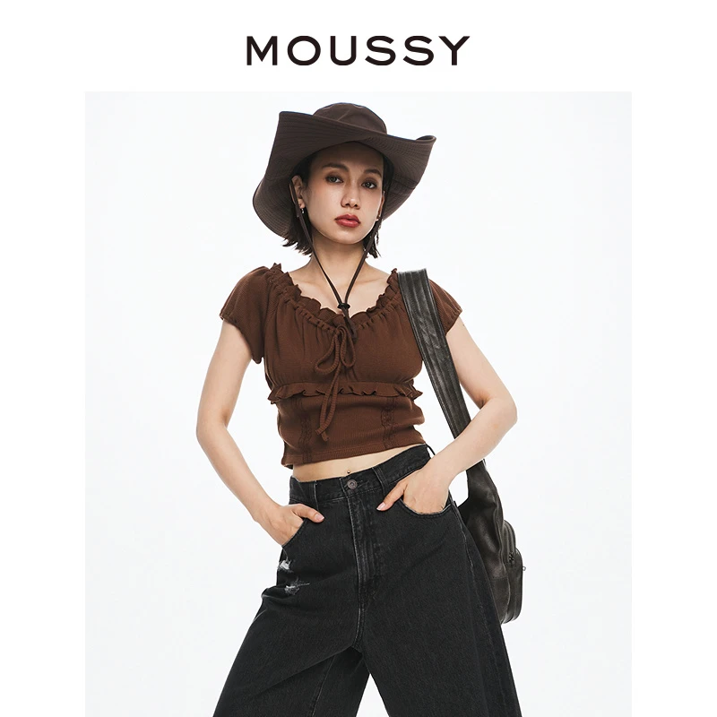 MOUSSY 2024夏季甜美森系木耳边短款针织上衣女028HSZ80-1361