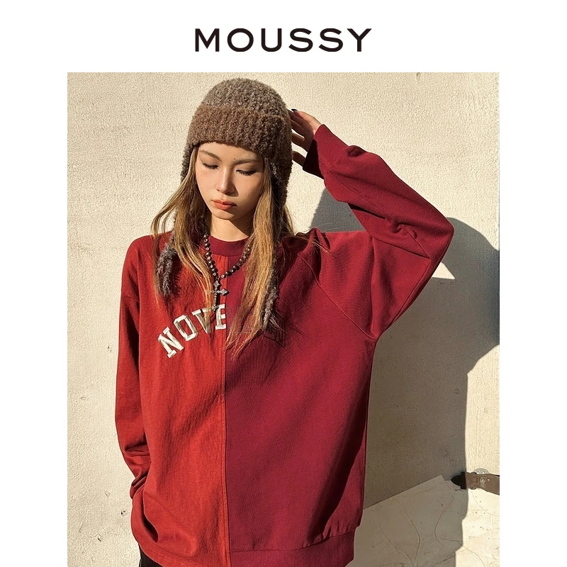 MOUSSY 2024早春新品美式校园风阴阳拼色刺绣卫衣028HSA90-0381