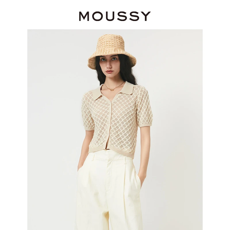 MOUSSY 优雅淑女风微透通勤翻领单排扣短袖衬衫女010GSW70-0