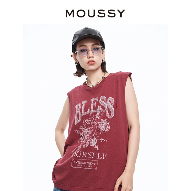MOUSSY 2024夏季摇滚风做旧手绘玫瑰背心T恤女028HSQ90-1131