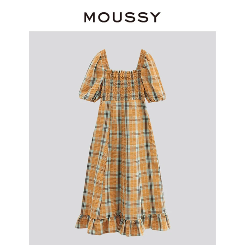 MOUSSY 新款通勤长款方领泡泡袖格纹收腰连衣裙女010HSK30-2731-2