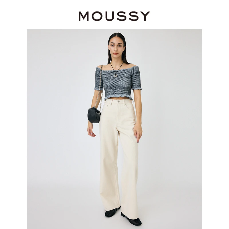 MOUSSY 2025通勤白色阔腿裤棉质宽松牛仔裤010HAA11-6631