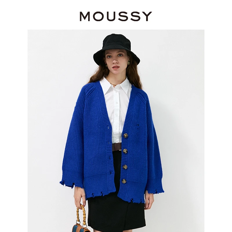 MOUSSY 秋季新款V领复古设计感毛边针织开衫010EAS70-6590