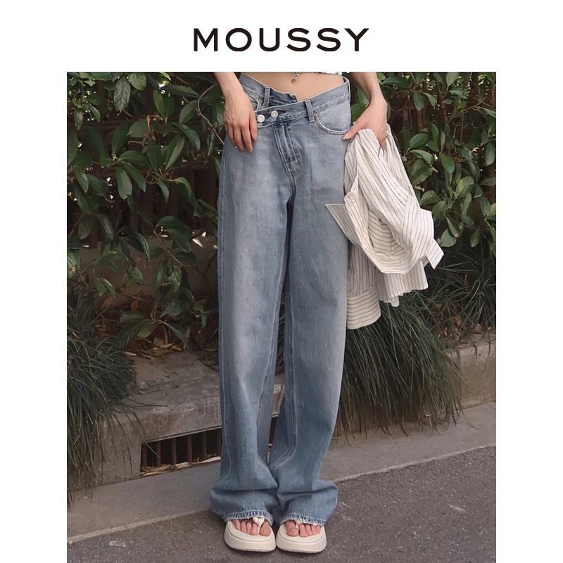 MOUSSY早秋新款水不规则设计直筒显瘦阔腿牛仔裤010HA211-6001