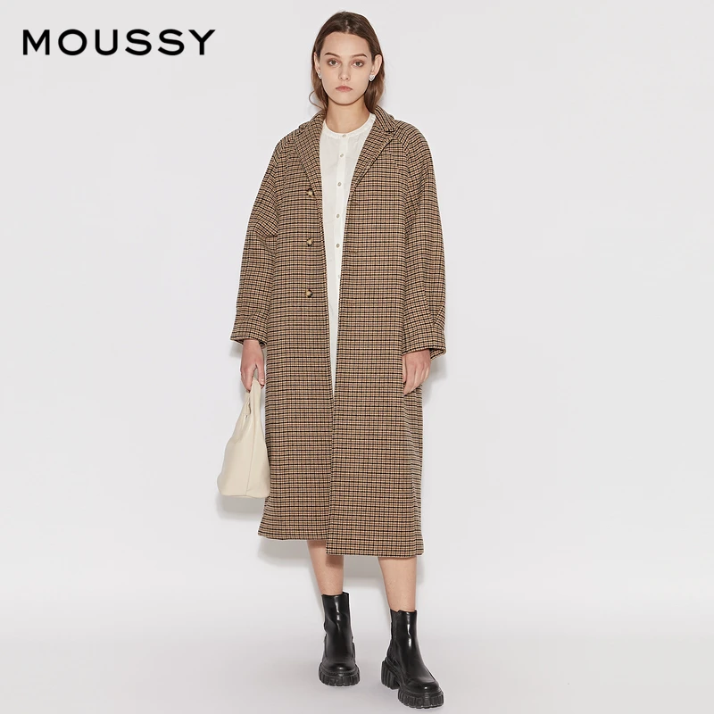 MOUSSY 冬季新款时尚中长款复古宽松翻领气质格子毛呢大衣外套女