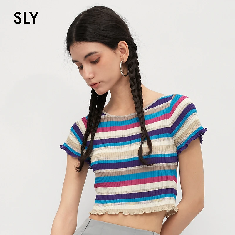 SLY 甜酷风截短彩色条纹甜美木耳花边短款修身T恤女038GSU70-5910
