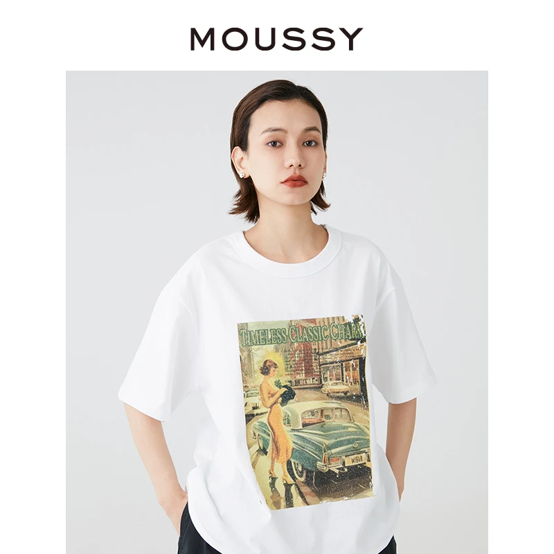 MOUSSY 2024春季新品美式复古海报印花休闲短袖T恤028HSA90-0671