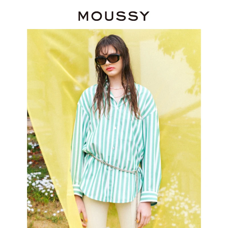 MOUSSY 新款中性风条纹设计休闲长袖衬衫010GS730-0830
