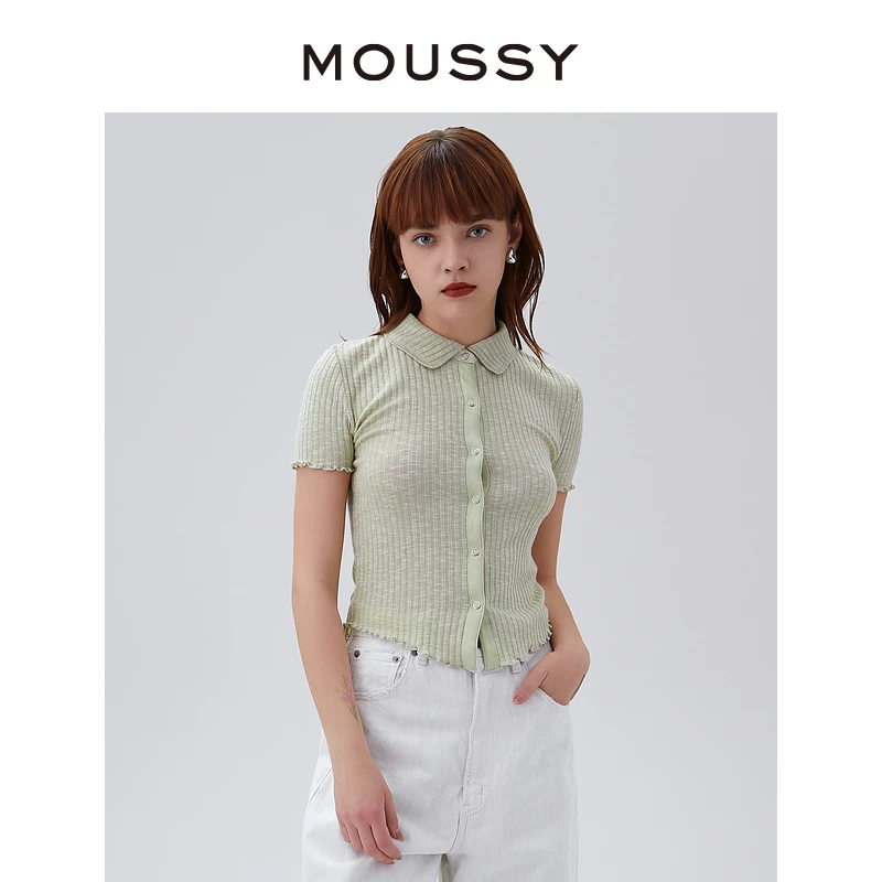 MOUSSY 新款简约修身花边单排扣纯色休闲针织开衫010GST80-0590