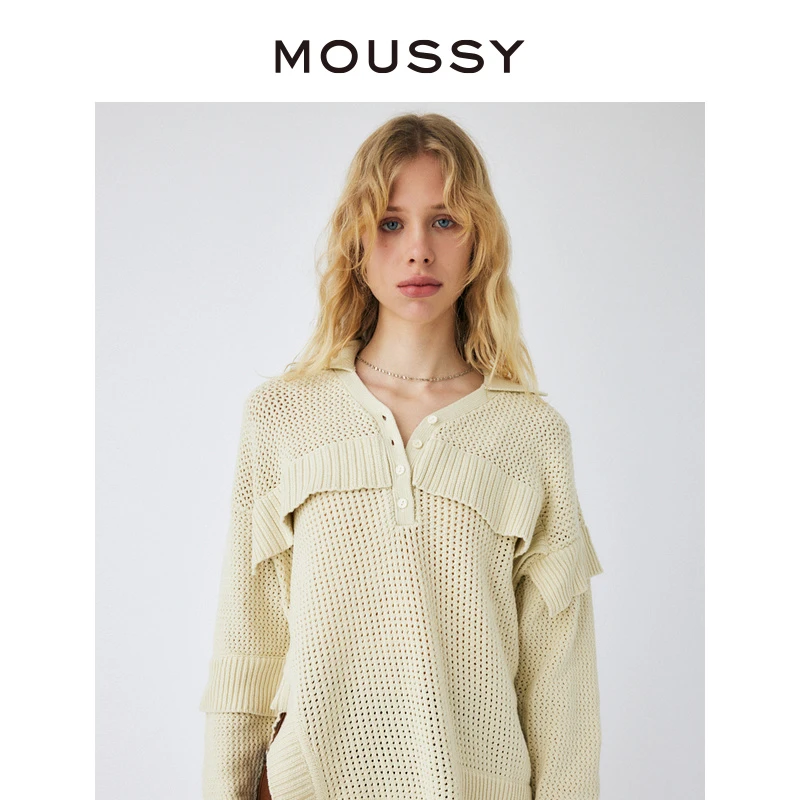 【陈嘉尔专属】MOUSSY 不规则镂空落肩针织衫010GS270-0330