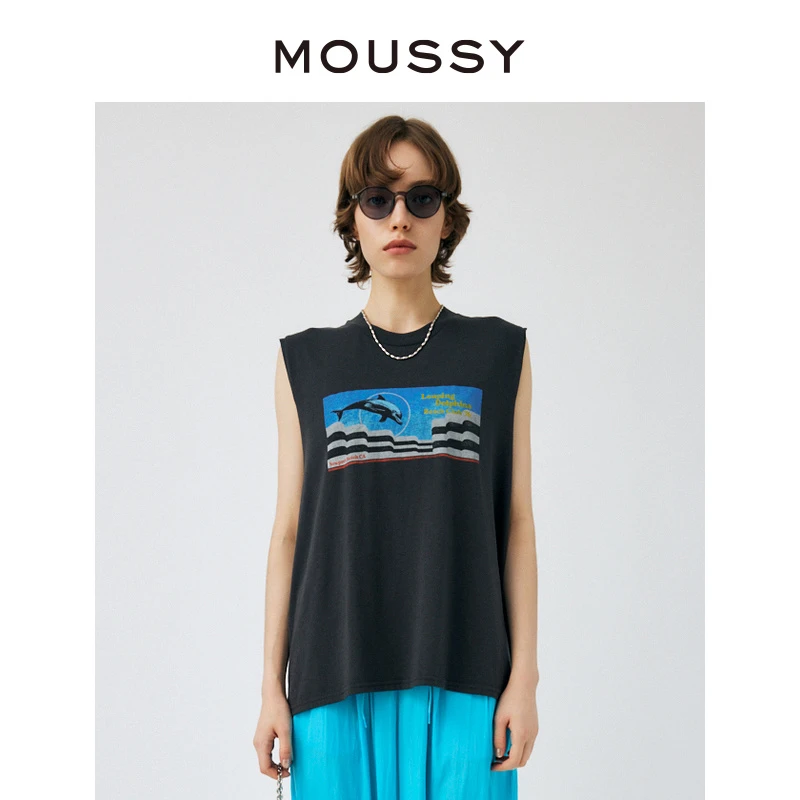 奥莱）MOUSSY 2023春季新品街头机车图案印花无袖T恤上衣010GS
