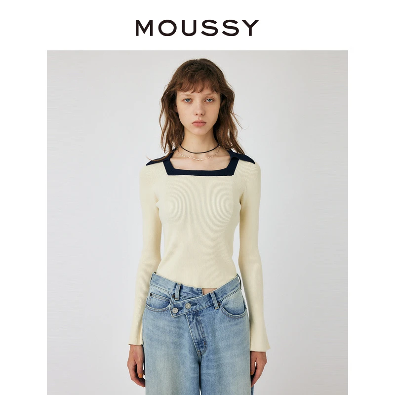 MOUSSY 2023秋季新品撞色条纹知识分子风修身针织衫010GAL70-5310