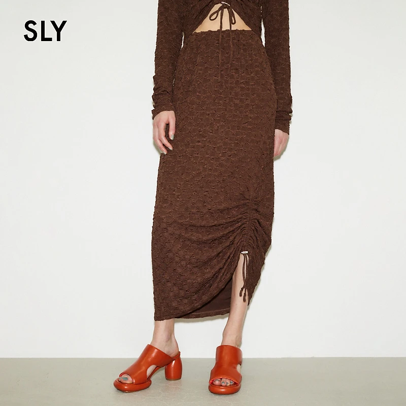 SLY 优雅风肌理感下摆抽绳开叉半身裙030GS081-3870