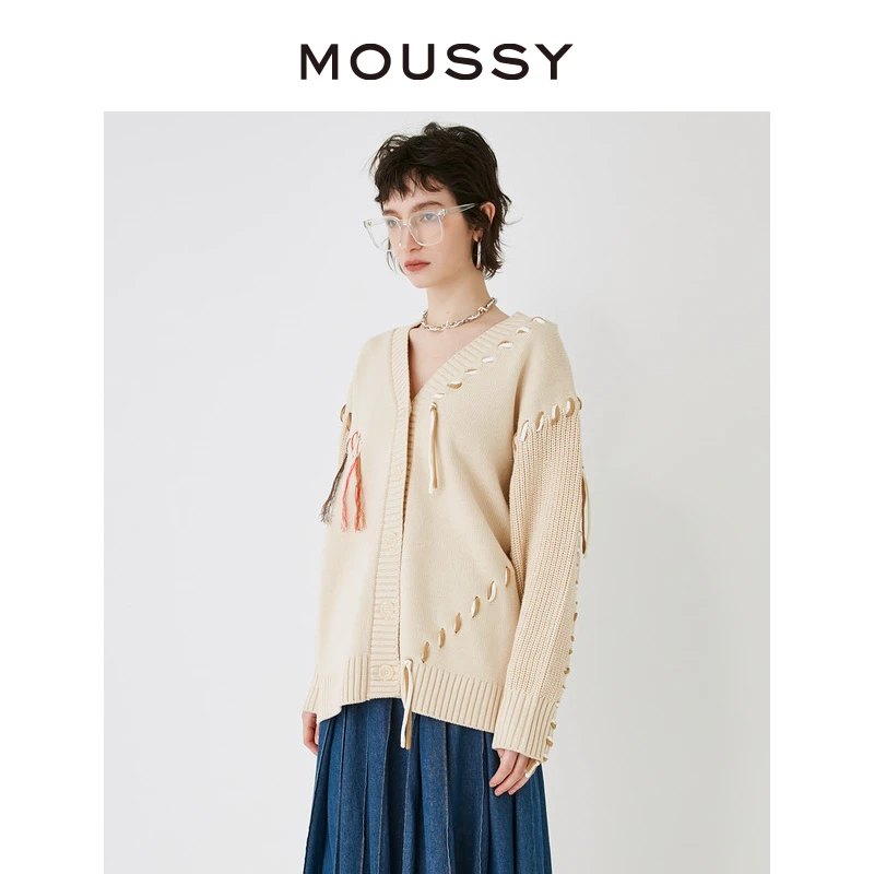 MOUSSY 2025早春新品非正式学院风撞色缝线针织开衫028HS970-0241