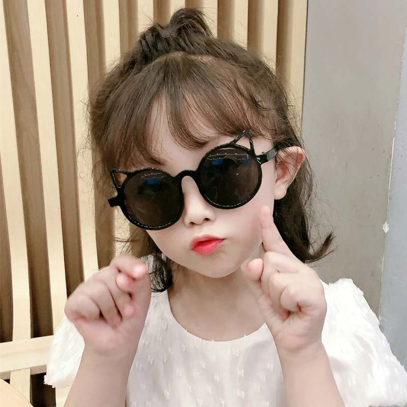 儿童太阳镜宝宝可爱超萌小猫咪耳朵造型墨镜男女童防紫外线复古酷