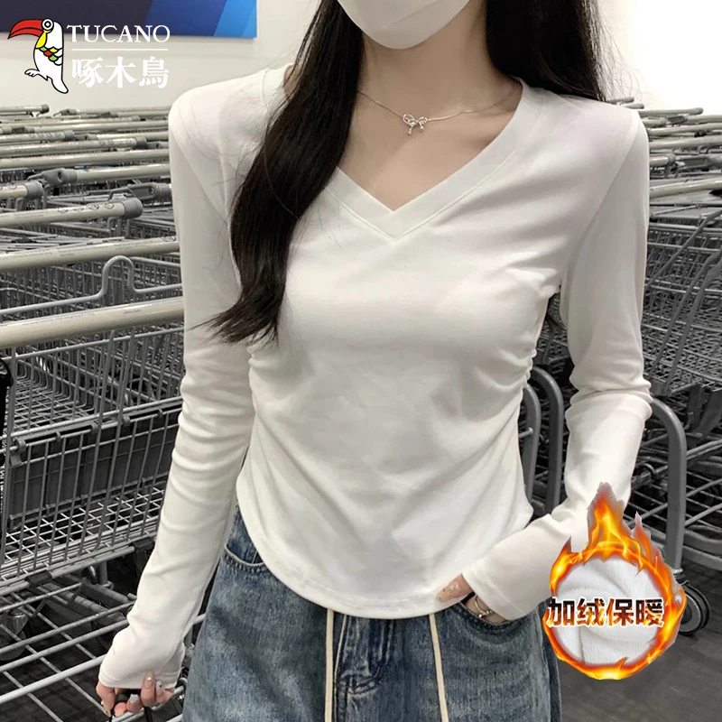 啄木鸟秋冬加绒加厚德绒打底衫修身显瘦长袖女T恤可外穿保暖上衣
