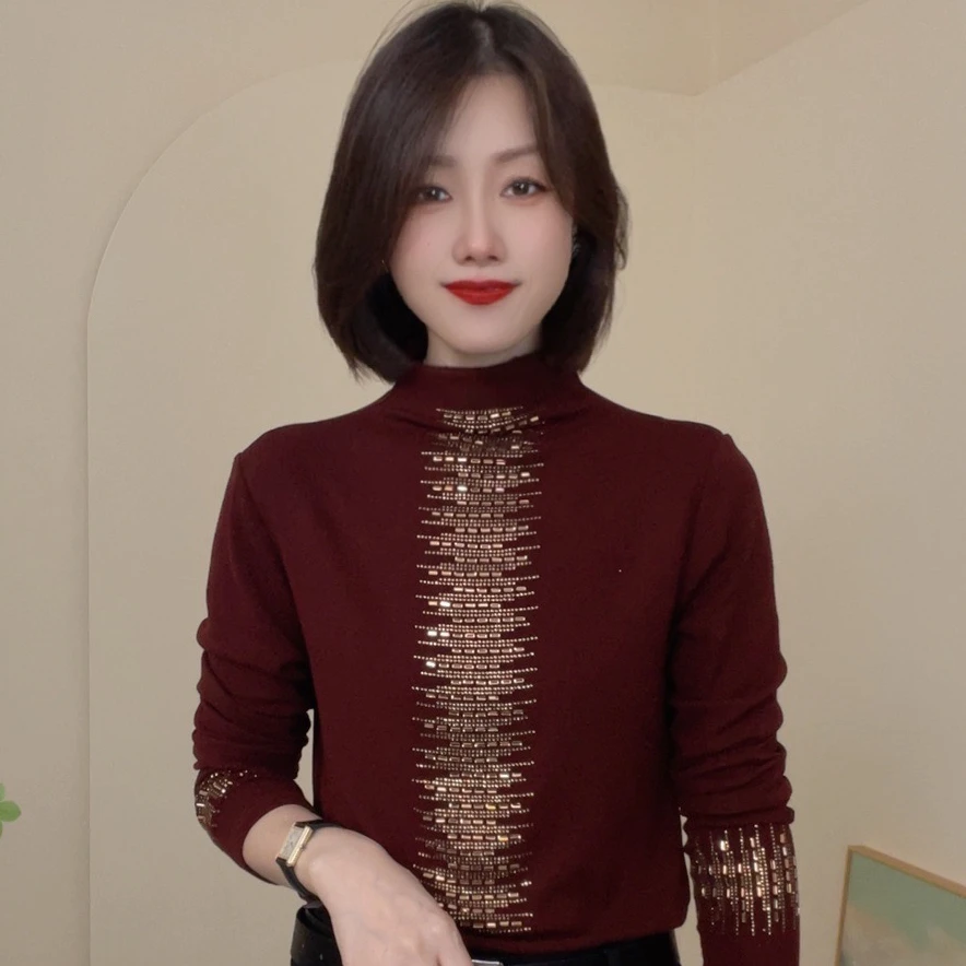2025秋季新款半高领纯色百搭烫钻长袖休闲T恤气质女士修身小衫