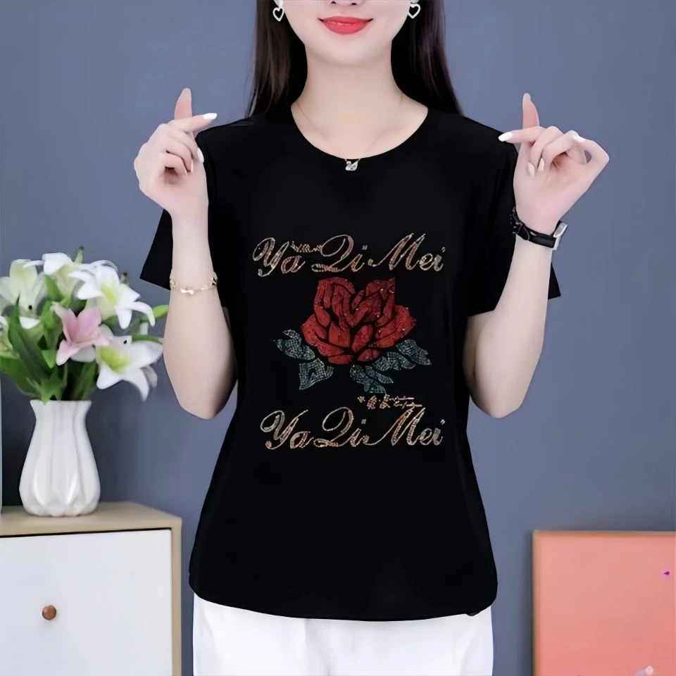 时尚减龄圆领烫钻短袖t恤女夏季显瘦百搭休闲洋气t小衫遮肚打底衫