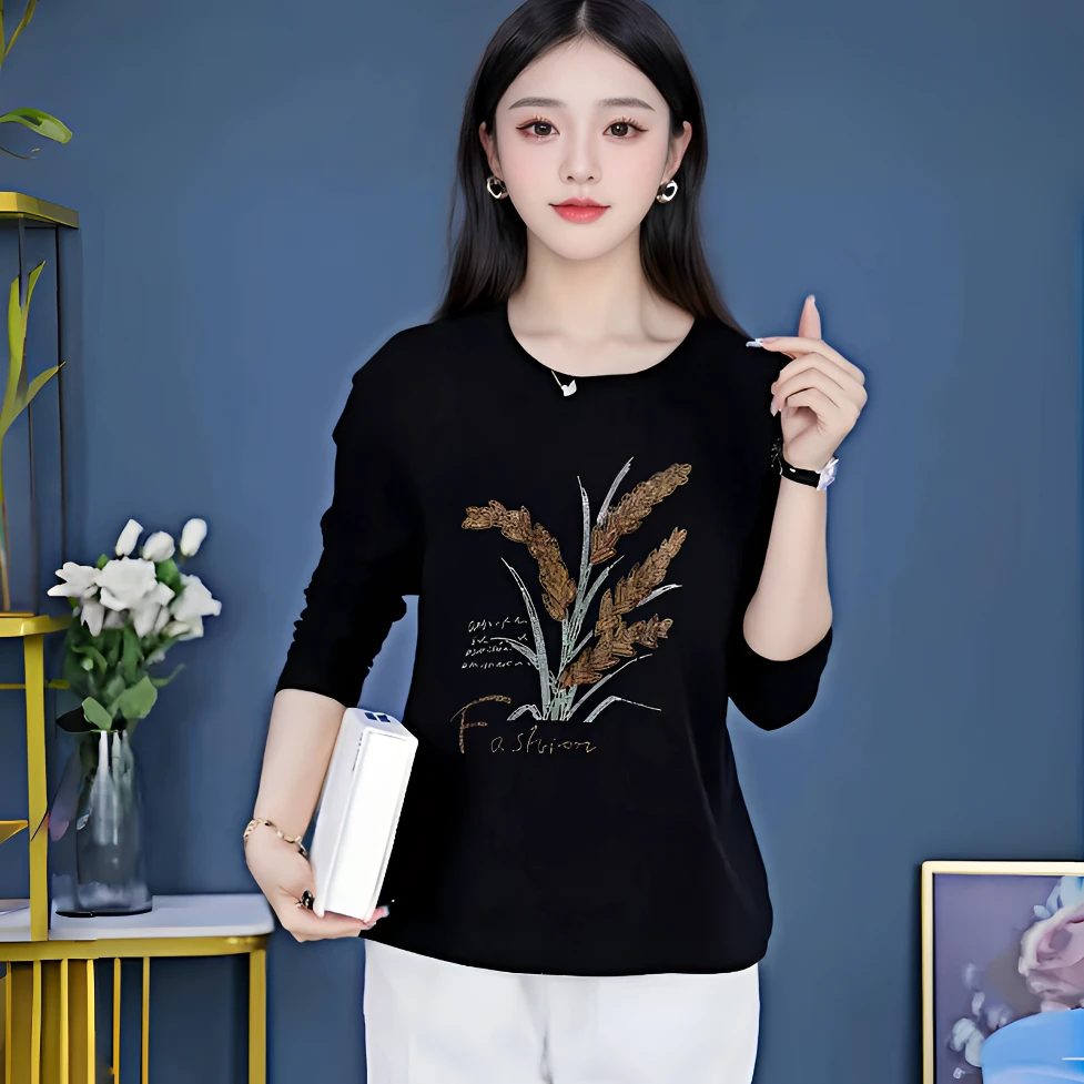 秋季新款时尚减龄百搭长袖t恤女显瘦休闲圆领洋气通勤小衫遮肚子