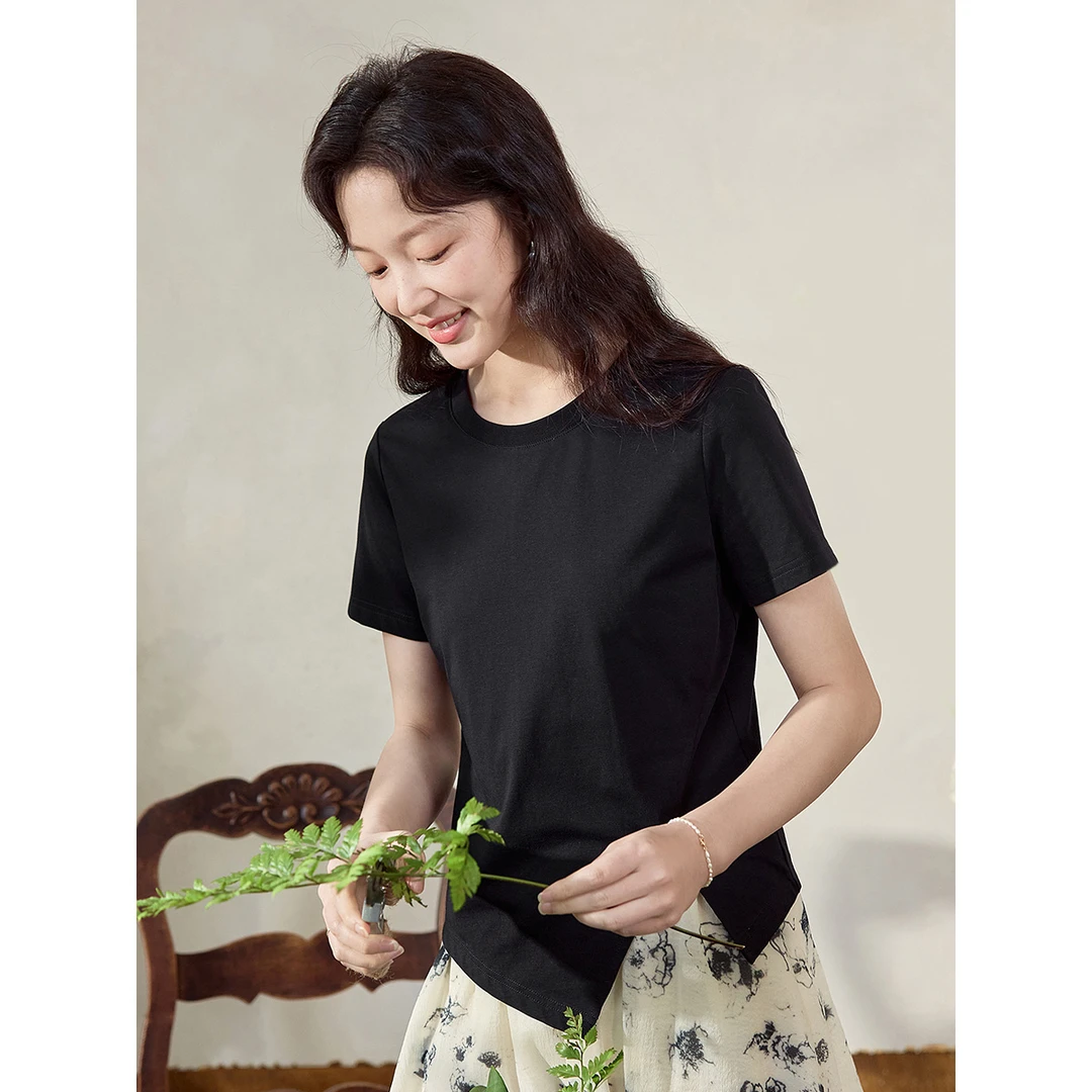 【流光风穿搭】茵曼夏季时尚百搭T恤纯色开叉修身显瘦短袖圆领上衣