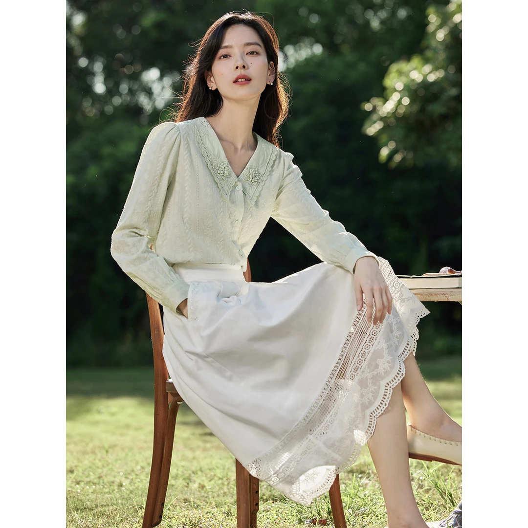 【茵曼服饰】半身裙高腰刺绣下摆水溶镂空花边18314153