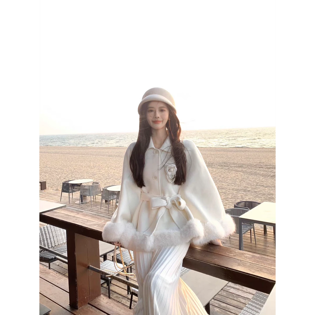 留洋千金感双面呢子大衣女冬季毛毛袖温柔风收腰系带短款毛呢外套