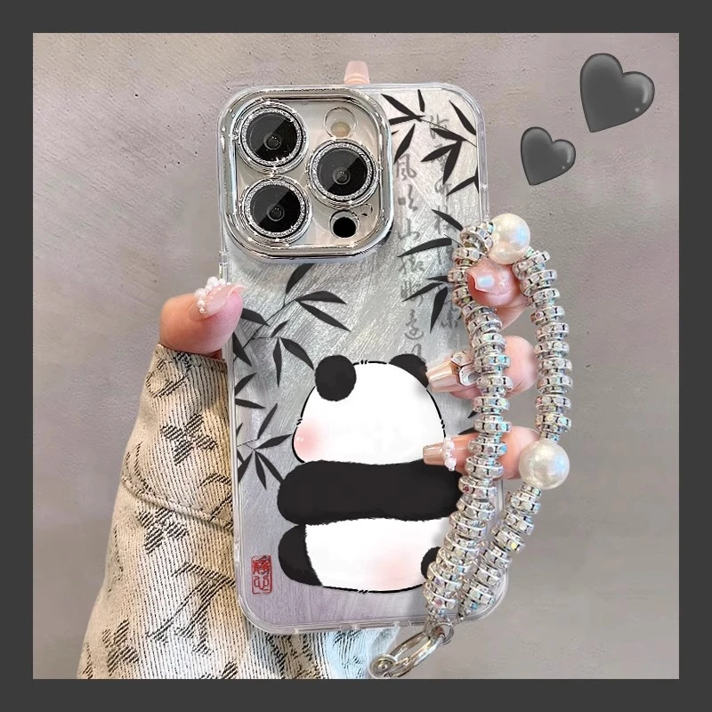 竹子熊猫适用苹果15promax手机壳羽纱iPhone14pro闪粉plus卡通13p