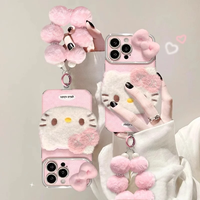KT猫公仔适用苹果16promax手机壳iPhone15毛绒手链14plus可爱少女