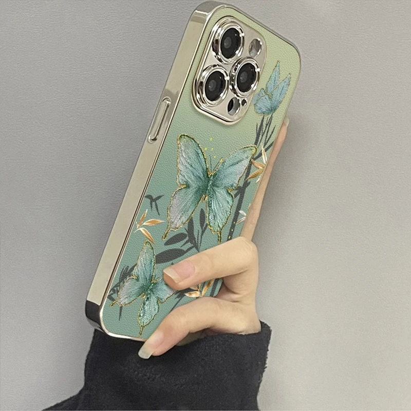 金丝蝴蝶适用苹果16promax手机壳小羊皮新款iPhone15plus电镀14pm