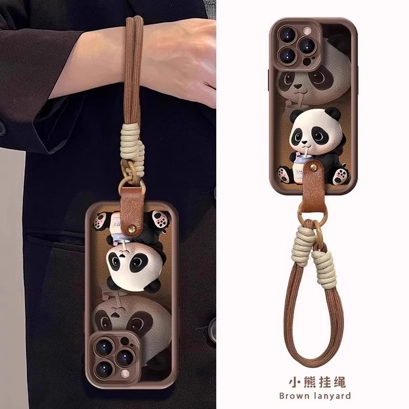 奶罐熊猫适用苹果16promax手机壳秋冬iPhone15plus带挂绳14pm防摔