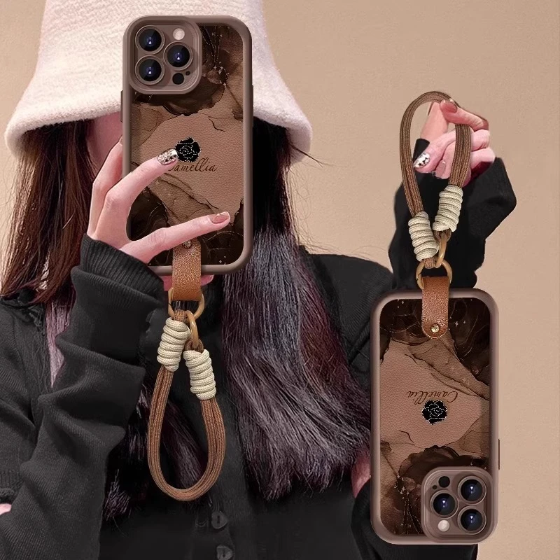 适用苹果17promax手机壳晕染立体玫瑰花iphone16pro带棕色挂绳15p