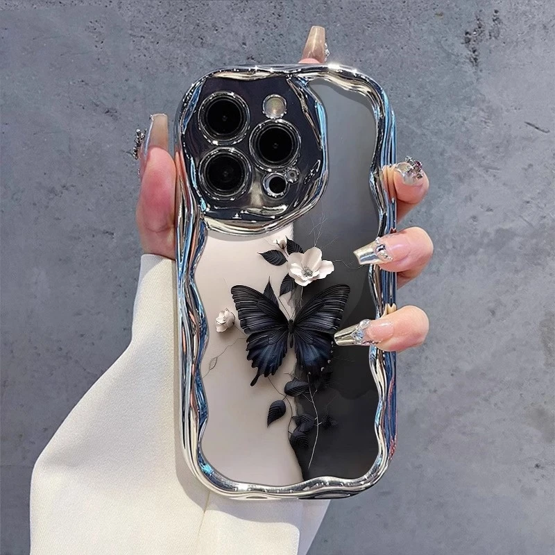 适用苹果15p手机壳iphone14pro渐变黑蓝蝴蝶13曲边纹高级全包防摔