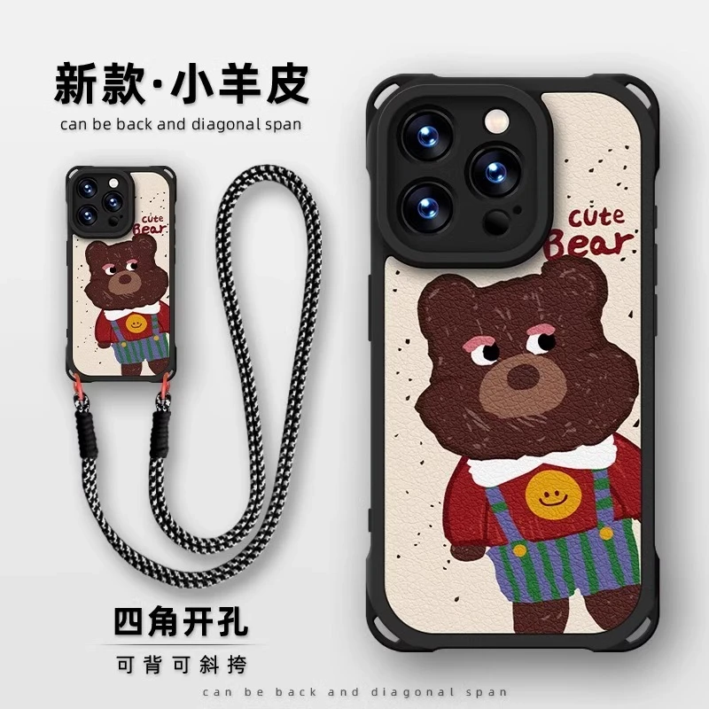 涂鸦背带熊适用苹果16promax手机壳四角挂绳斜跨iPhone15pro可爱p