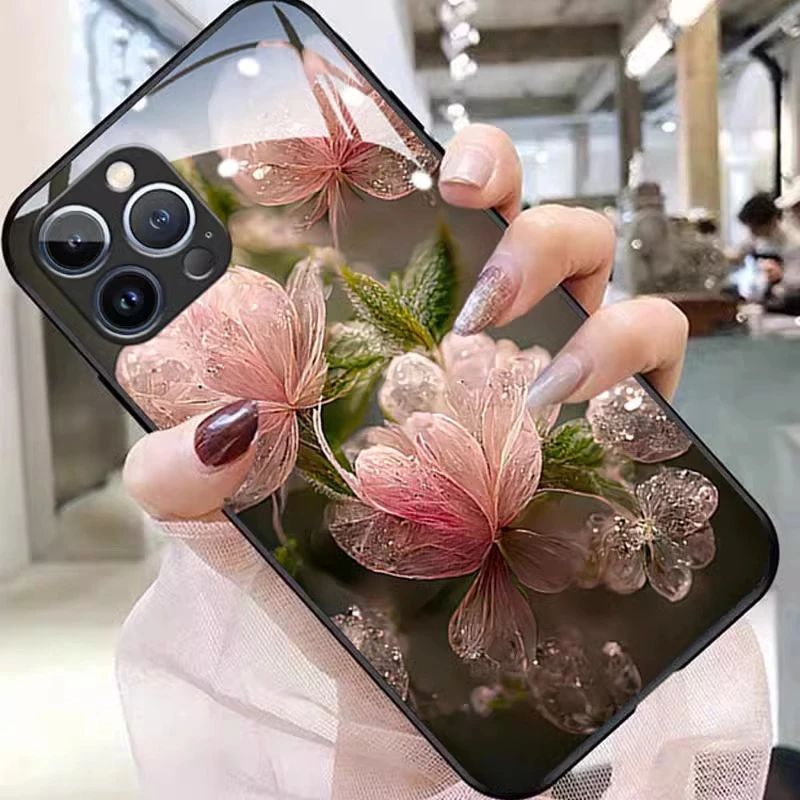 适用苹果14promax手机壳15plus粉色水晶花13pro全包防摔时尚女12p