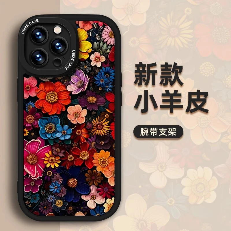 适用苹果17promax手机壳新款16p时尚15pro油画花海腕带iphone14pm